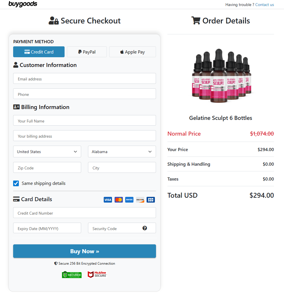 Gelatine Sculpt checkout page